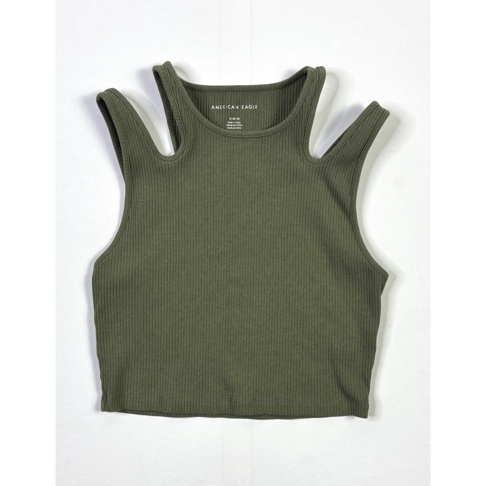 American Eagle Tank Top Womens Medium Sage Green Ribbed Cropped Cold Shoulder